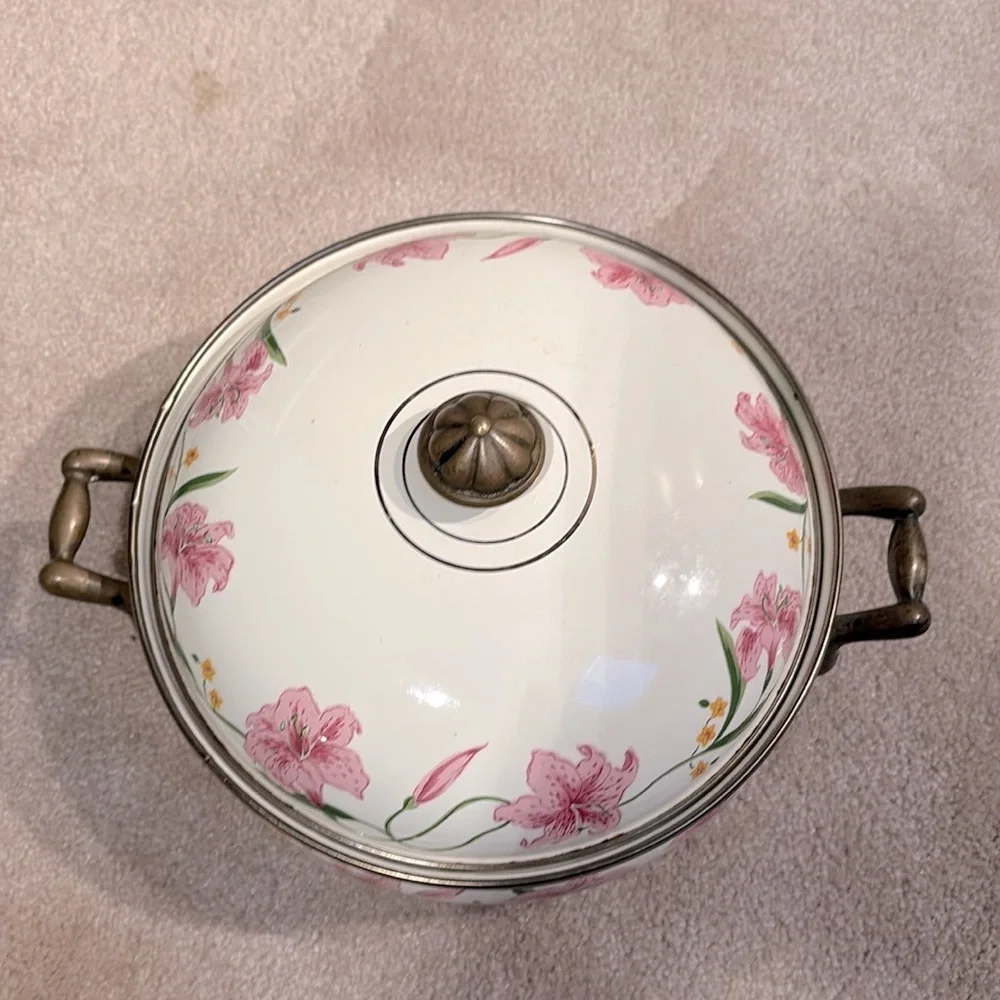 RARE Vintage Normandy Enamel Pink Lily Soup Tureen with Lid. Made in Taiwan.